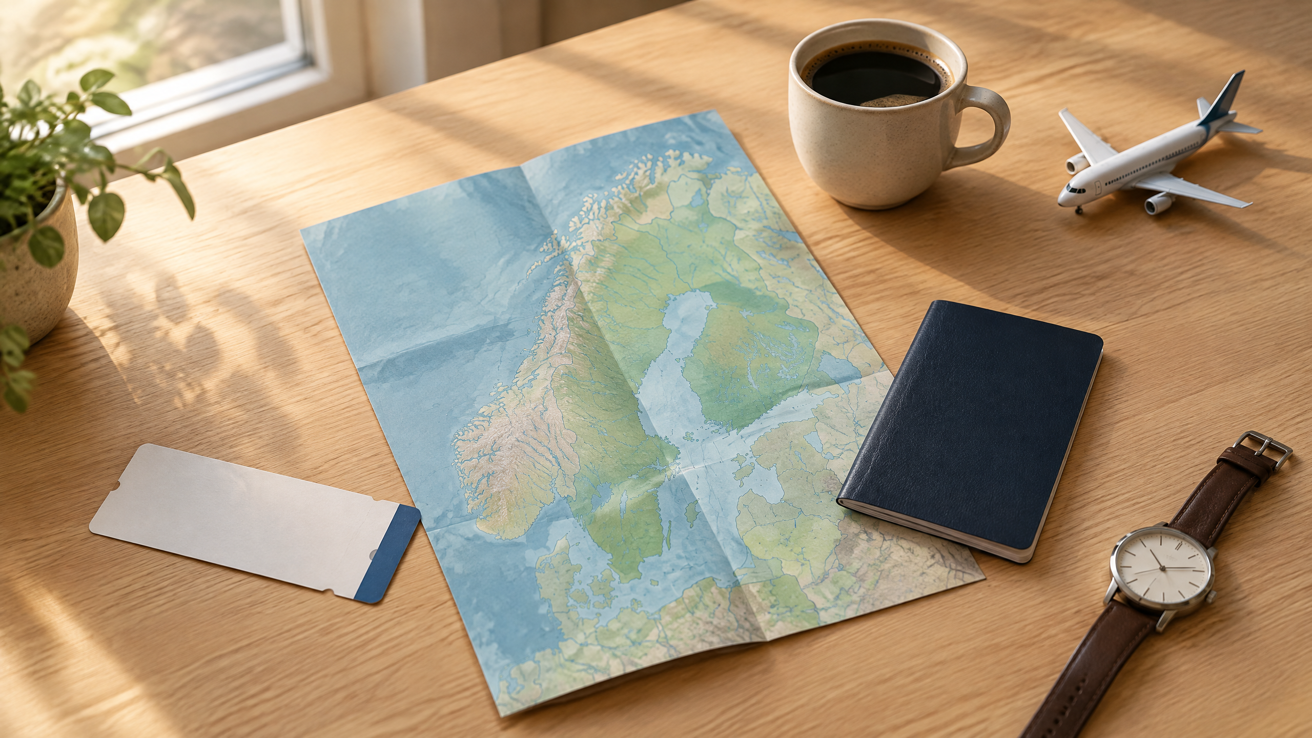 Map and travel items used for planning a journey